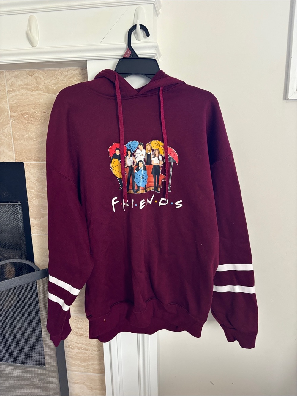 Friends Graphic Burgundy Hoodie with Striped Sleeves